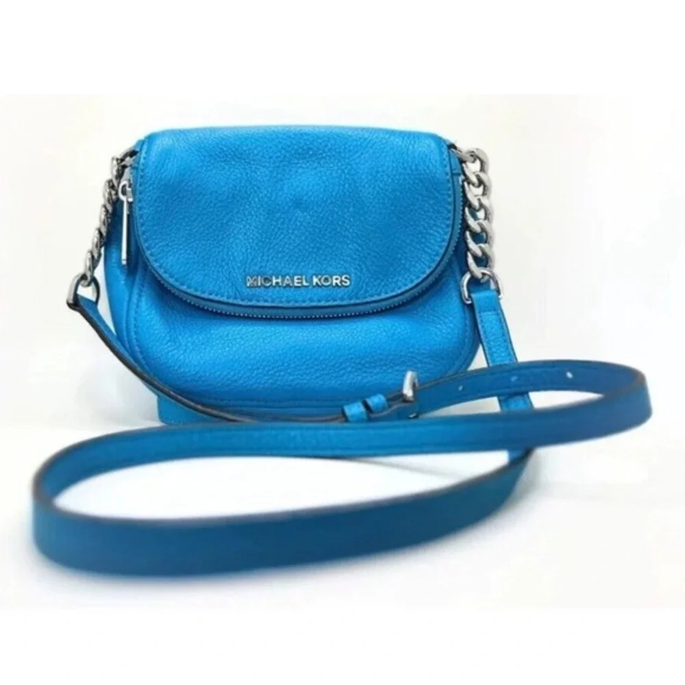 Michael Kors Bedford Flap Crossbody‎ Electric Blue Pebbled Leather Silver 17-05